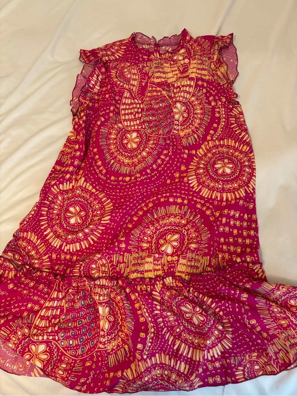 Bright Pink & Yellow Printed Ruffle Hem Dress